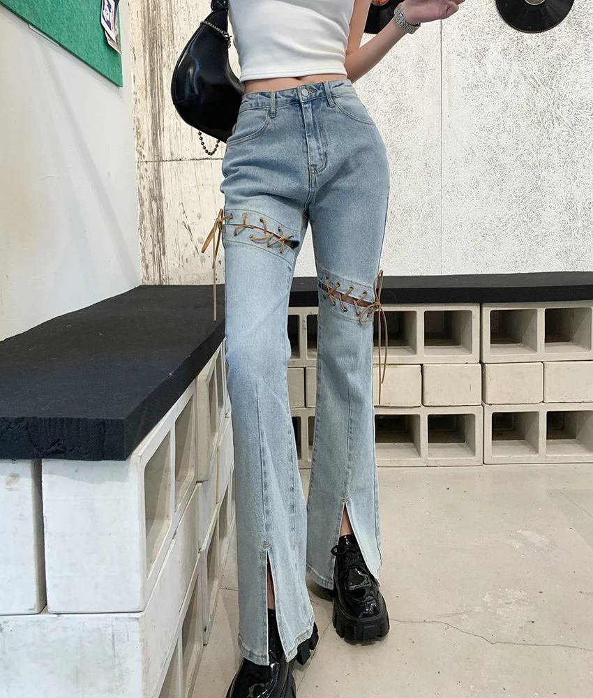 Chic Harajuku Strap-tied Flare Jeans For Women Streetwear High Waist Slim Hollow Out Long Denim Pants Lady Slit Flare Jeans