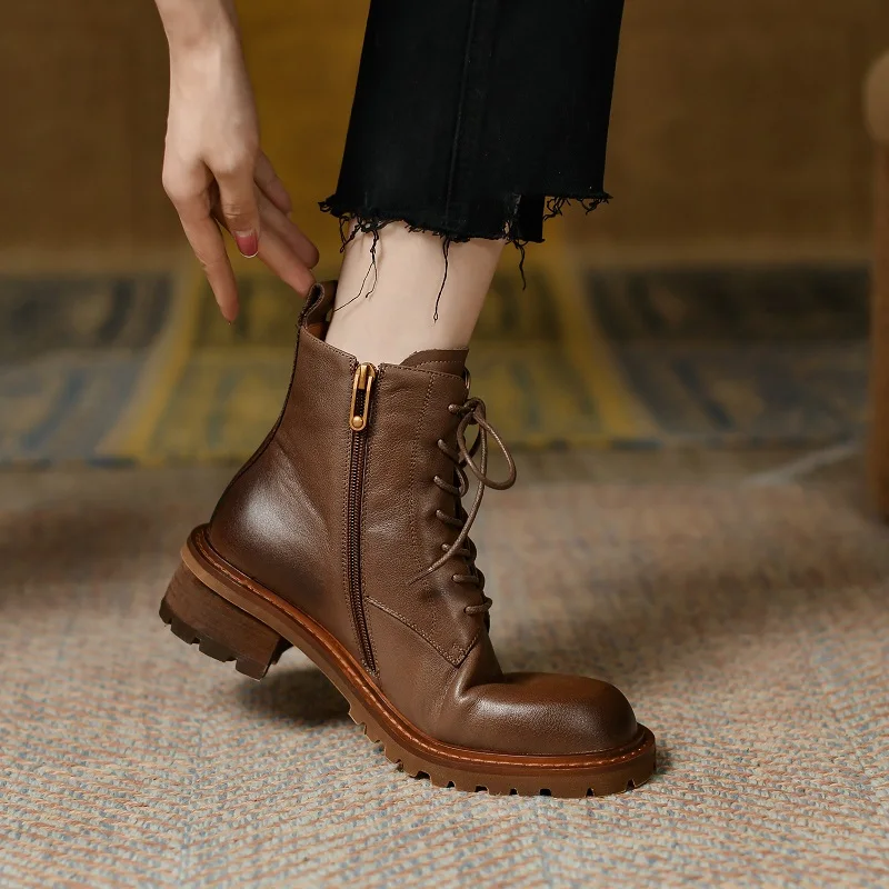 

Round Toe Women Shoes With Cross-Tied Cowhide Spring Autumn Botas ZipperWinter BootsFemale Warm Boots Vintage Style Shoes Woman