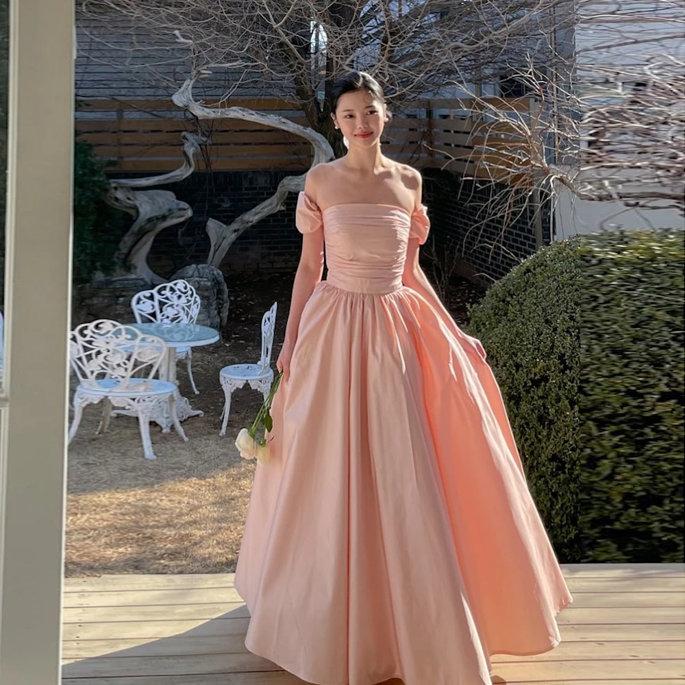 

ROSELLA Pink Fairy Evening Dresses A Line Puff Sleeves Floor Length Garden Formal Occasion Party Ball Gown Korean Two Style