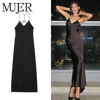 MUJER Black Slip Midi Dress Woman Satin Backless Long Dresses for Women Sexy Evening Women's Summer Dresses Straps Night Dresses