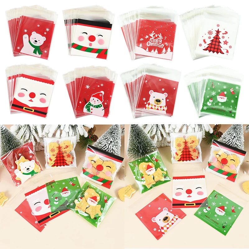 

100Pcs Christmas Candy Bags Plastic Self-adhesion Snowman Santa Claus Packaging Bag Xmas Kids Gift Christmas Decorations Navidad