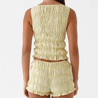 Women Summer O-neck Folds Tank Tops+Shorts Suit Sleeveless Slim Solid Tees Ruched Shorts Beach Style Fashion 2pcs Sets Outfits - Image 2