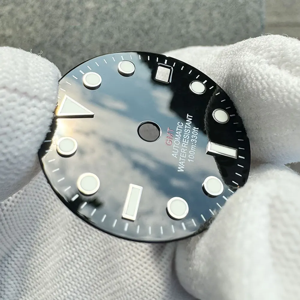 Blue Green Luminous GMT Watch Dial with Date Window - Gloss Finish, 28.5mm