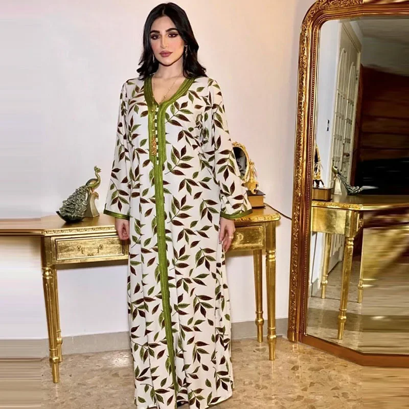 

Green Leaf Print Abaya Muslim Long Dress Women Kaftan Jalabiya Braided V-neck Loose Robe Islam Dubai Middle East Ramadan Gown