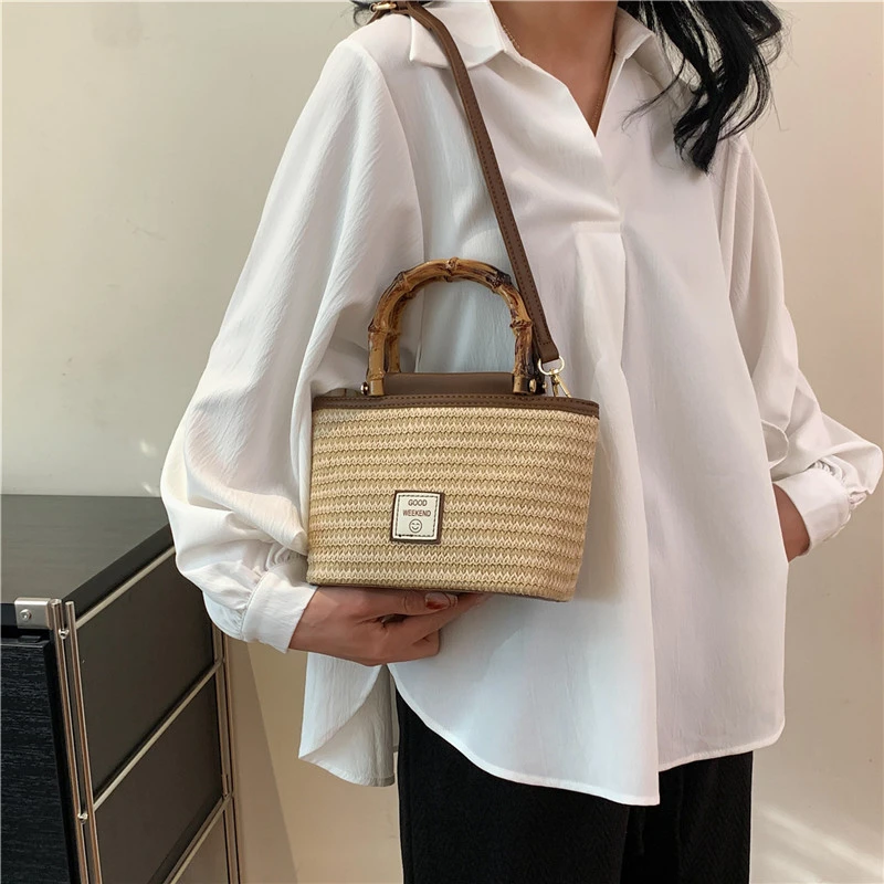 

2024 Summer Bamboo Handbag for Women Fashion Straw Shoulder Bag Shigh Quality Purses Crossbody Bag Luxury Tote Bag Cute Satchel