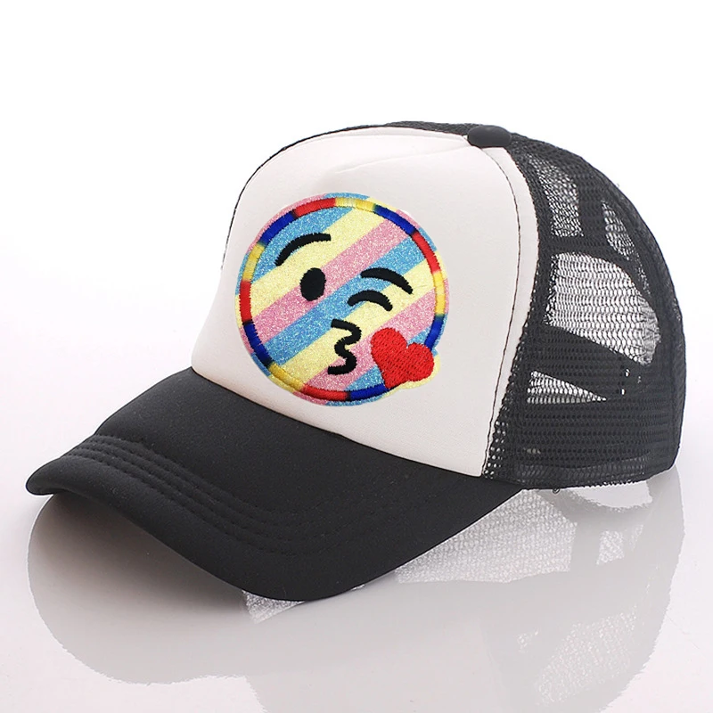 23 Colors Glitter Smiley Embroidered Cloth Sticker Mesh Hat Trucker Hat Summer Ladies Sunshade Beach Hat Summer Pool Party Hat men's skullies & beanies Skullies & Beanies