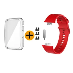 Silicone Strap & Case Set with Screen Protector for Huawei Watch Fit (2 red)