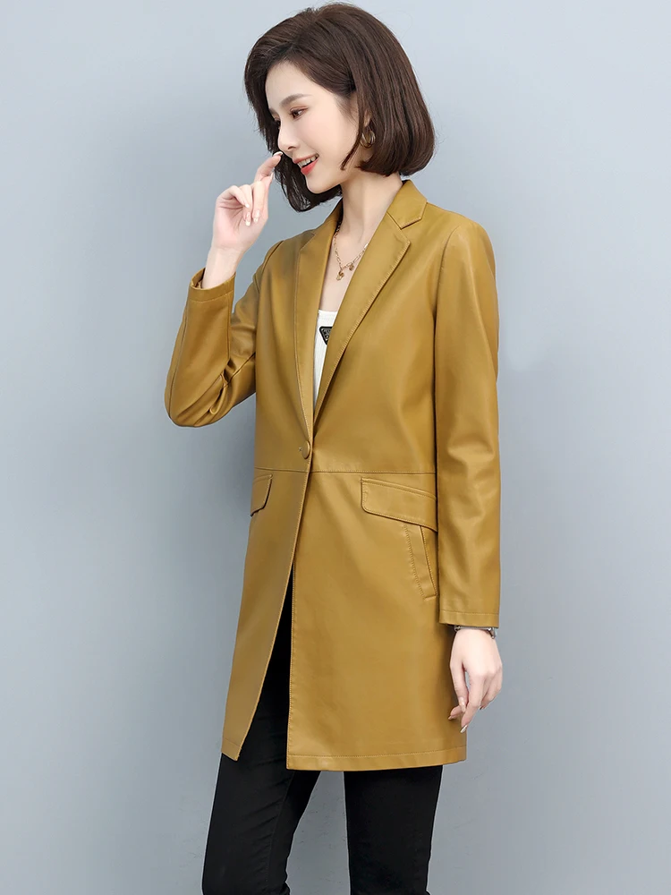 New Women Chic Office Lady One Button Leather Blazer Spring Autumn 2024 Fashion Notched Collar Long Sleeve Ladies Sheepskin Coat
