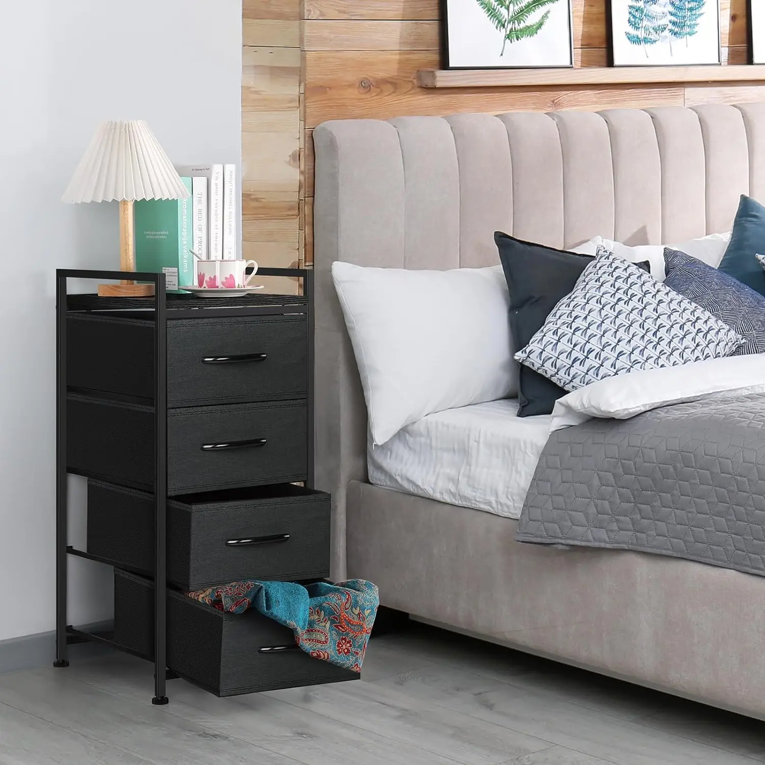 Fabric Storage Dresser Bedroom 4 Drawer Storage Organizer Unit Vertical Drawer Small Nightstand with Rolling Casters (Dark Gray) 4