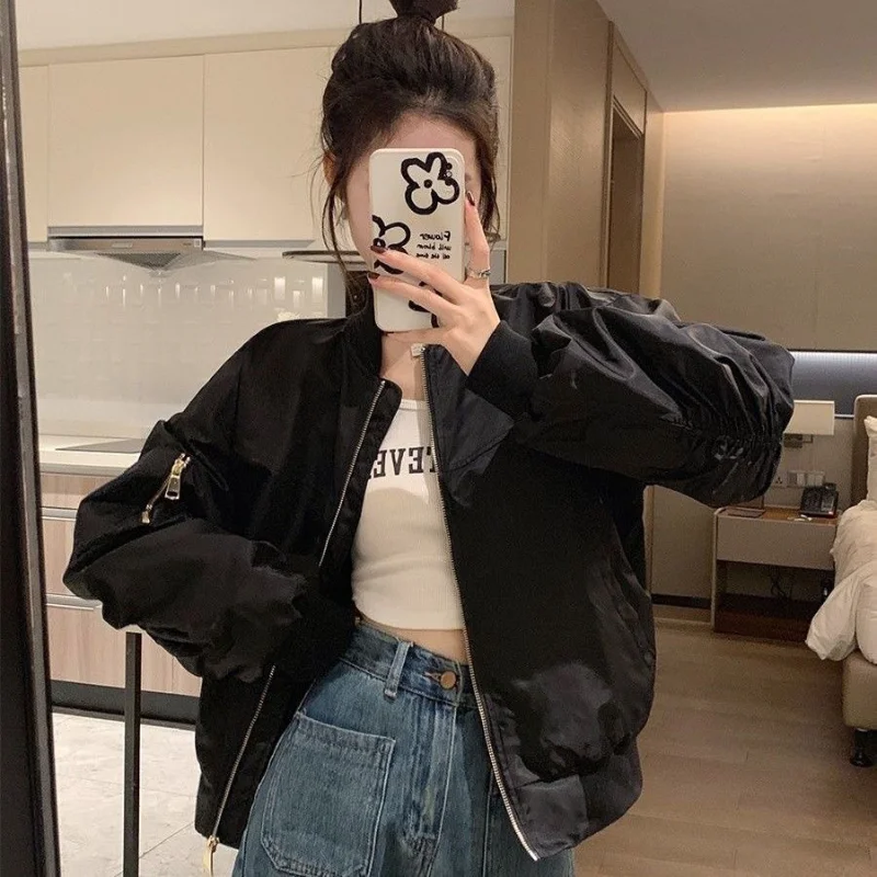 HOUZHOU Vintage Cropped Women's Bomber Jacket Oversized Korean Streetwear Zipper Fashion Track Short Jackets Black Coats Casual mahagrid basic track short navy mg2cmmpa61a