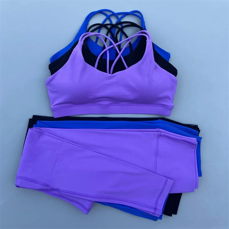 

Solid Color soft tights gym yoga leggings set women high strength cross Y Fitness Bra with sports yoga short 2pcs sportswear