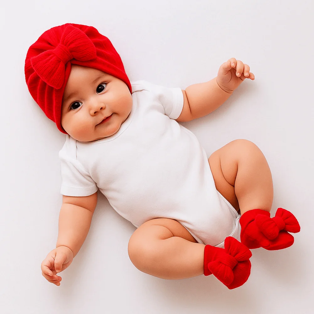 Cotton Knit Baby Hat Socks Set Big Bowknot 0-12 Months Baby Bow Fetal Cap Warm Elastic Newborn Turban Hat Baby