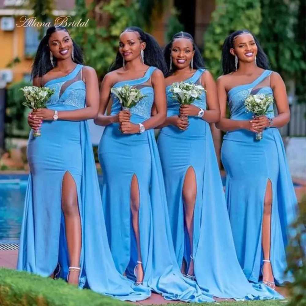 Blue One Shoulder Lace Top High Slits Mermaid Long Bridesmaid Dresses New Wedding Guest Dresses for Women Vestido Boda Invitada