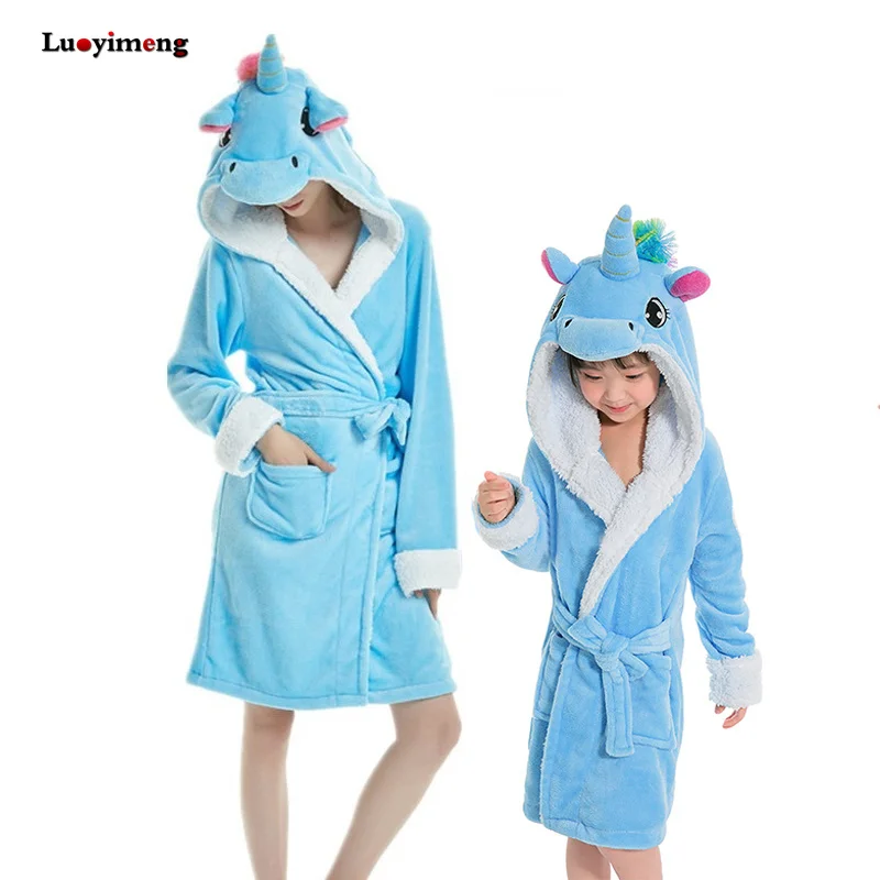 Cartoon Kids Robes Flannel Unicorn Boys Girls Robes Tiger Animal Hooded Bath Long Sleeve Baby Boy Bathrobe Child Clothing