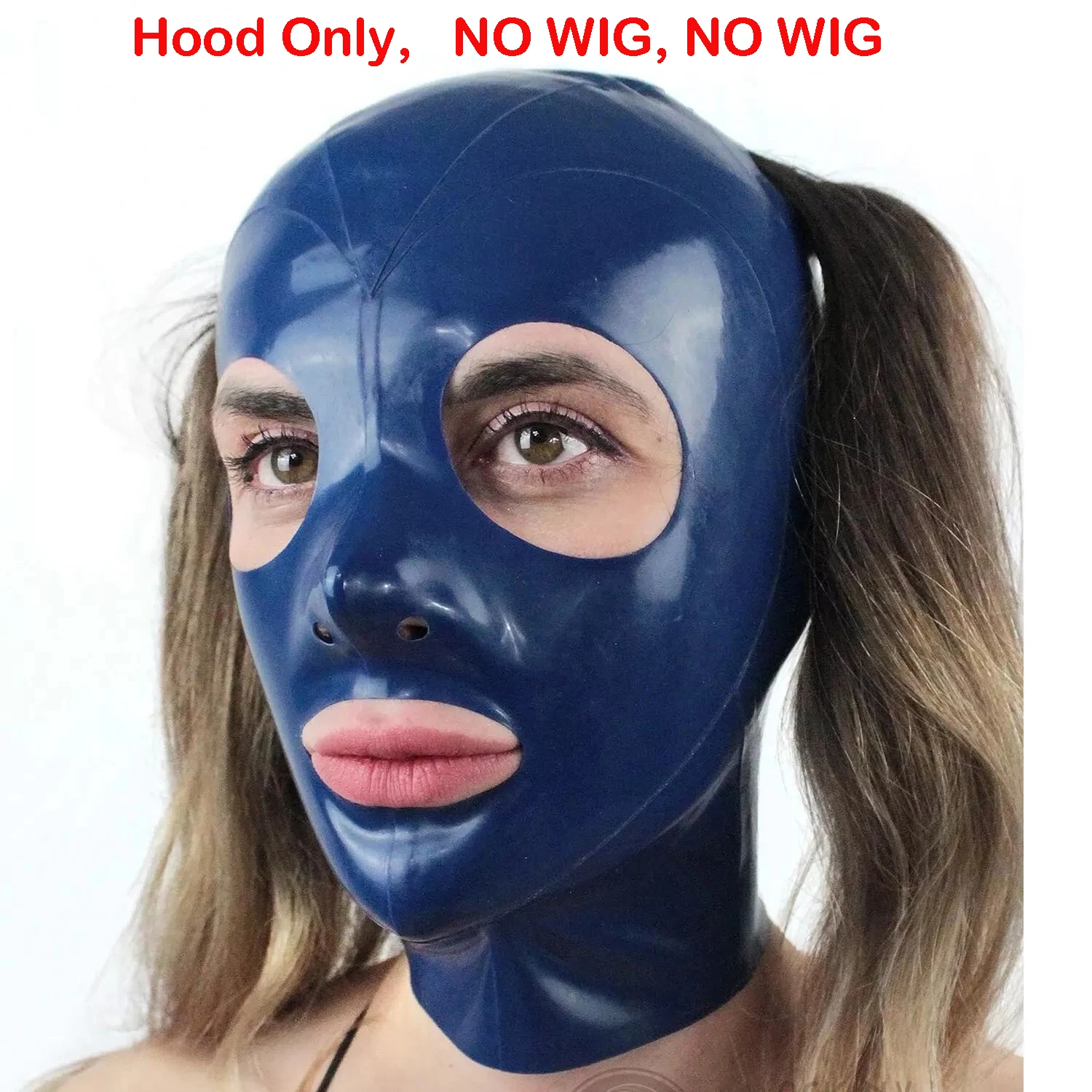 Black Latex Hood Mask Rubber Full Face Mask Open Eyes Mouth Double Holed Ponytail (no wig) Party Latex