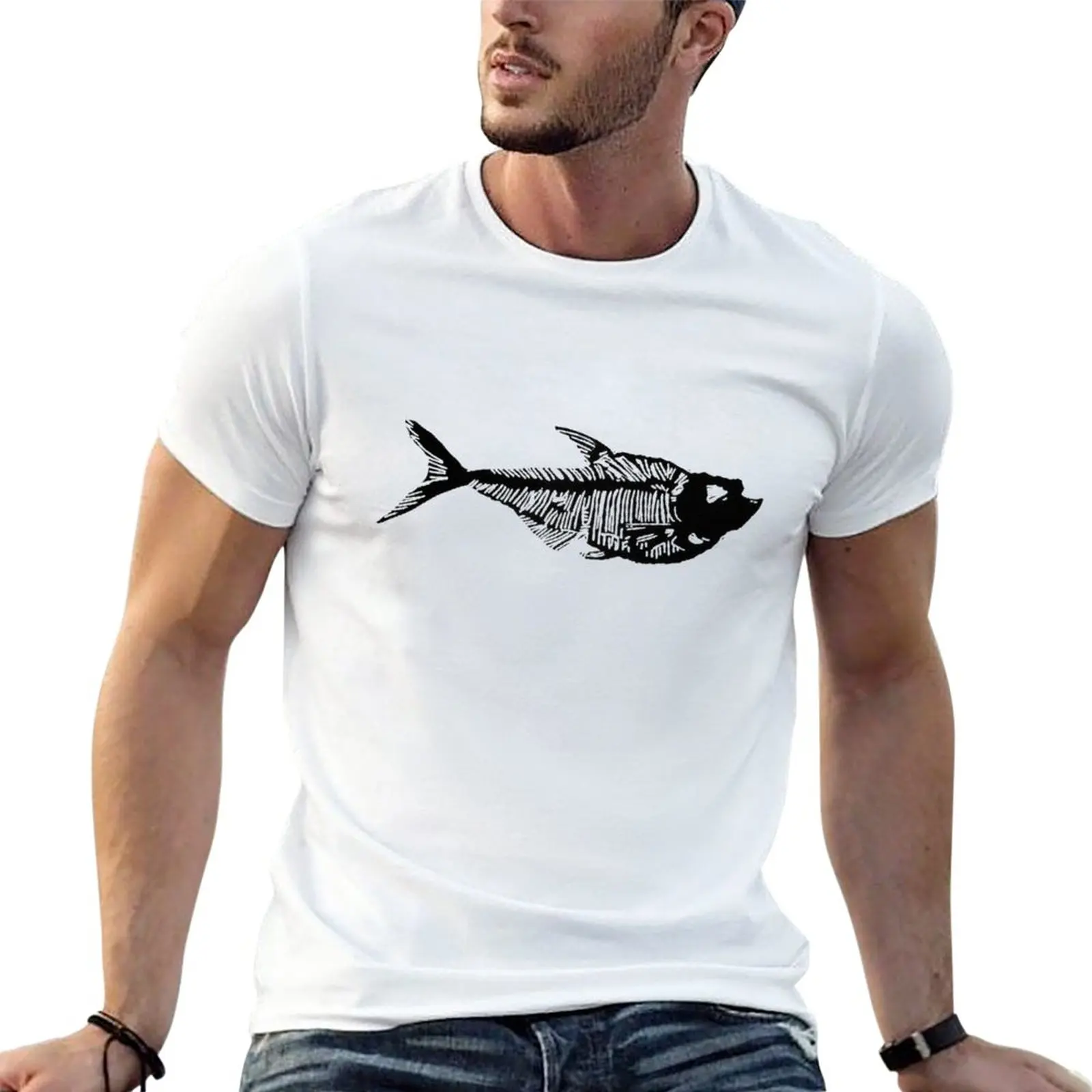 

Fossil fish linocut T-Shirt vintage t shirt summer tops designer t shirt men