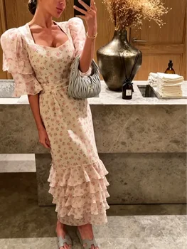 Printed Ruffle Woman Dress Fashion Square Collar Short Sleeve Waist Cinching Long Dresses 2026 Summer Chic Vacation Lady Robes 1