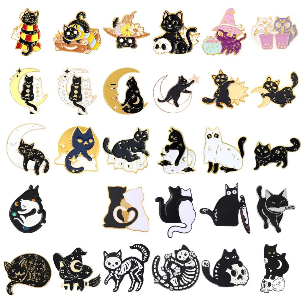 

Брошь в виде кошки, черепа, кота, брошь на Хэллоуин, волшебник, шляпа, пара котов, солнце, луна, кошка, брошь, черный, белый кот, эмалированный сплав, значки, булавки для лацканов
