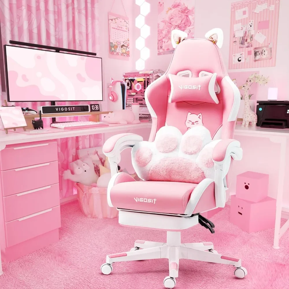 Pink Gaming Chair with Cat Paw Lumbar Cushion and Cat Ears, Ergonomic Computer Chair with Footrest, Reclining PC Game Chair for