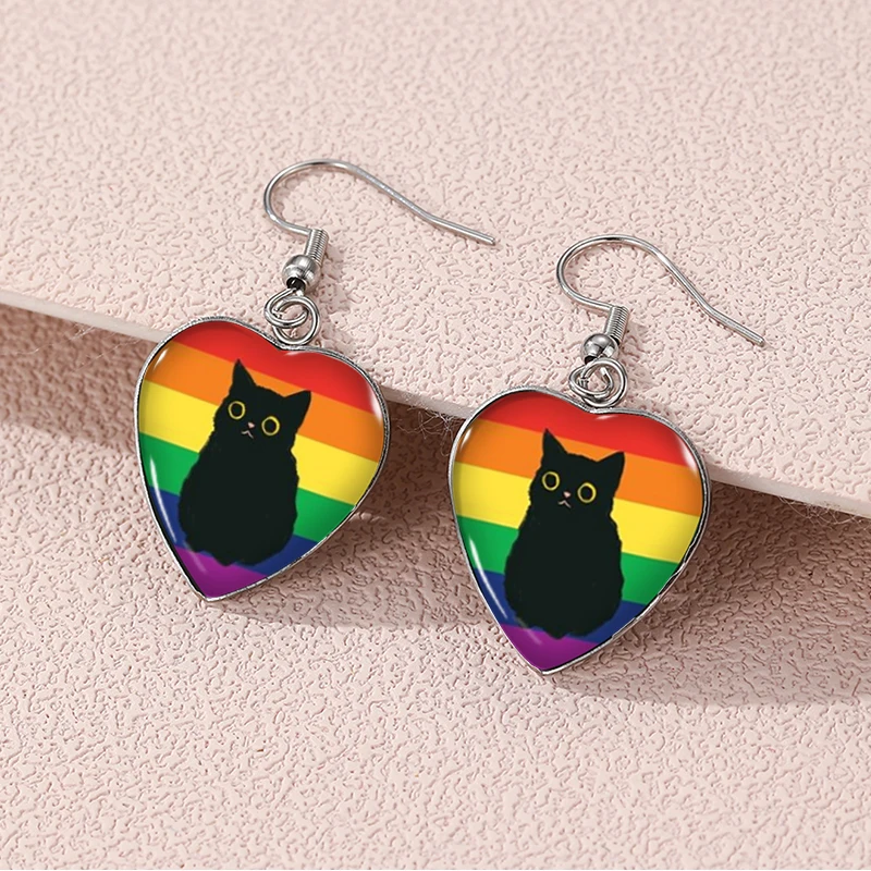 2024 New Pride Cat Paw Dangle Earring Heart Shaped Earrings Handmade Glass Dome Jewelry 4