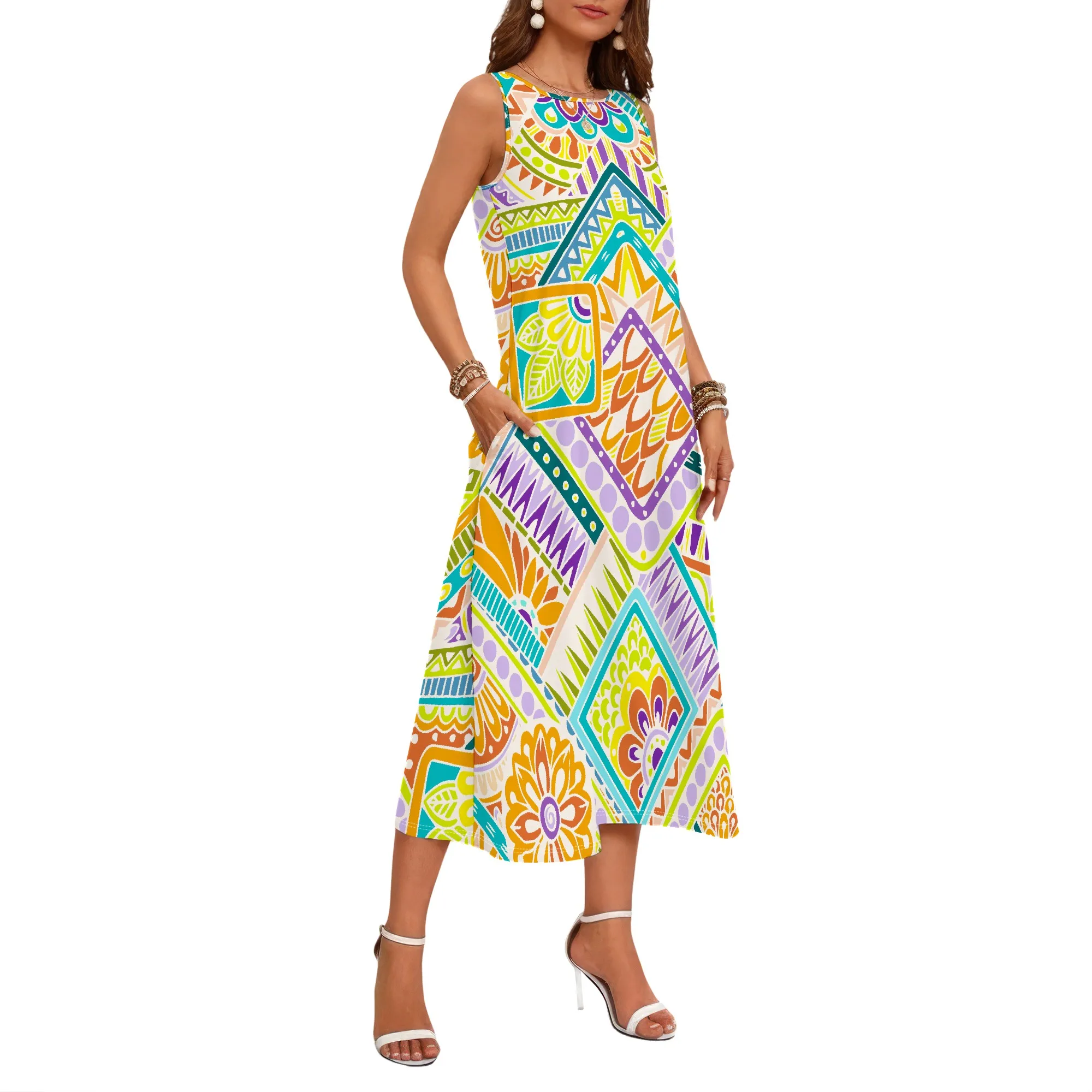 Damen-Kleid im lässigen Stil mit lockerem Rundhalsausschnitt, Sommerkleid mit geometrischem 3D-Print, schwarzem Stil, ärmellos, großes Swing-Kleid (mit Tasche) – Detail 9