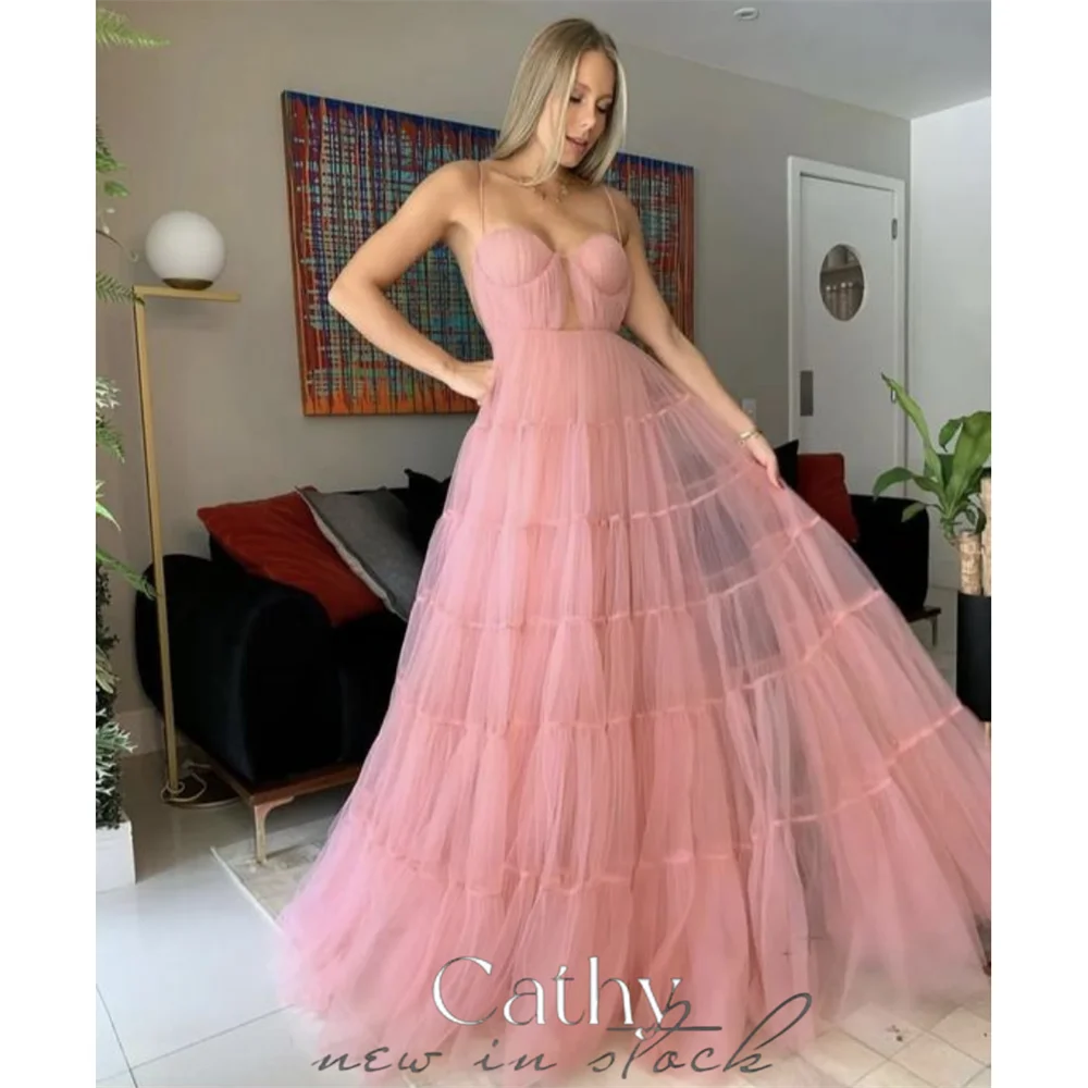 

Cathy Sexy Spaghetti Straps A-line Vestidos De Noche Grace Light Pink Multi-layer Prom Dress 2023 Sexy Sleeveless فساتين السهرة