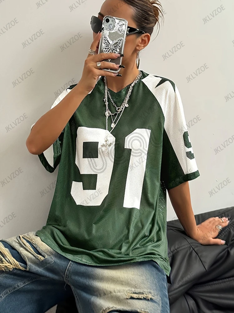 Summer New Speed 91 Print T-Shirt For Women V-Neck Patchwork Short