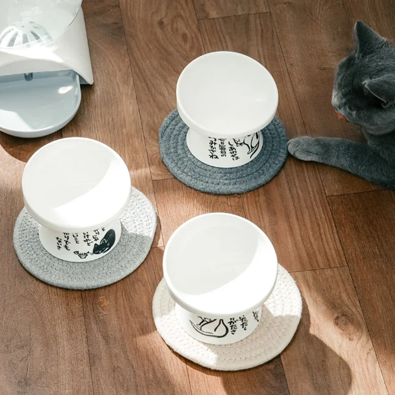 Cat bowl protection cervical spine ceramic high foot oblique mouth cute Japanese cat food basin and drinking