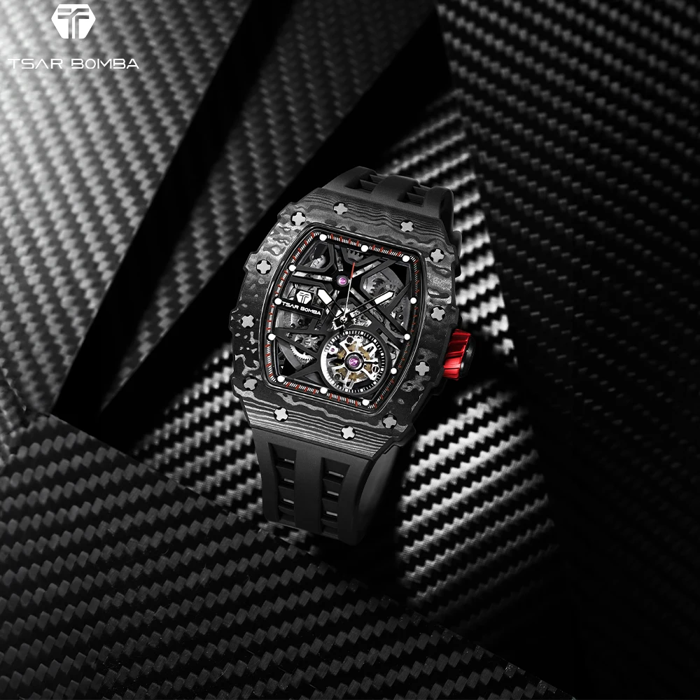 

TSAR BOMBA Carbon Fiber Bezel Men's Watch Luxury Sapphire Crystal Mirror Watch