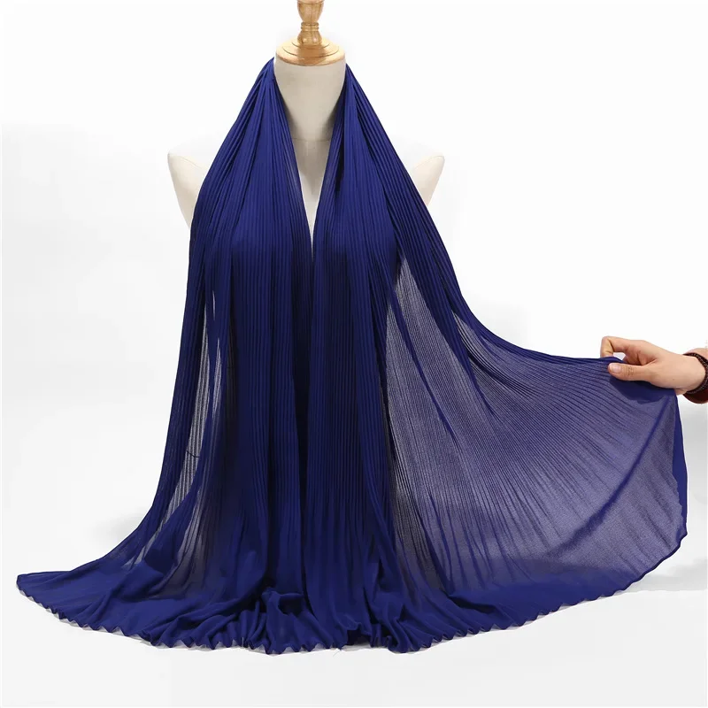 180x85cm Pearl Chiffon Scarf Solid Color Pleated Stripe Headwear Scarves Women Girls Muslim Hijab Head Wrap Plain Travel Shawls 5