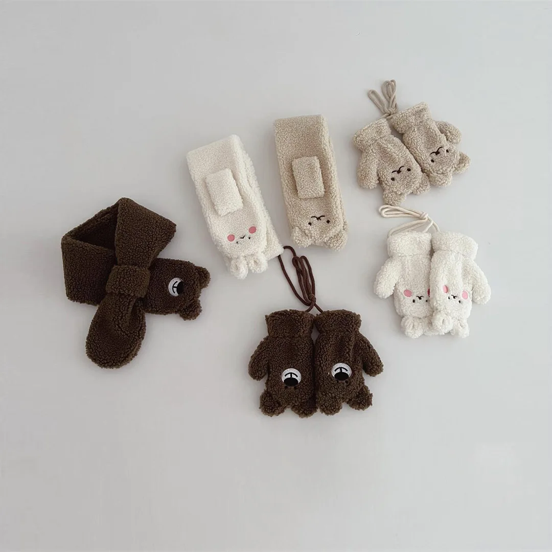 2Years + Korean Style Children's Scarf Winter New Ins Cartoon Bear Boys and Girls Baby Scarfs Sets