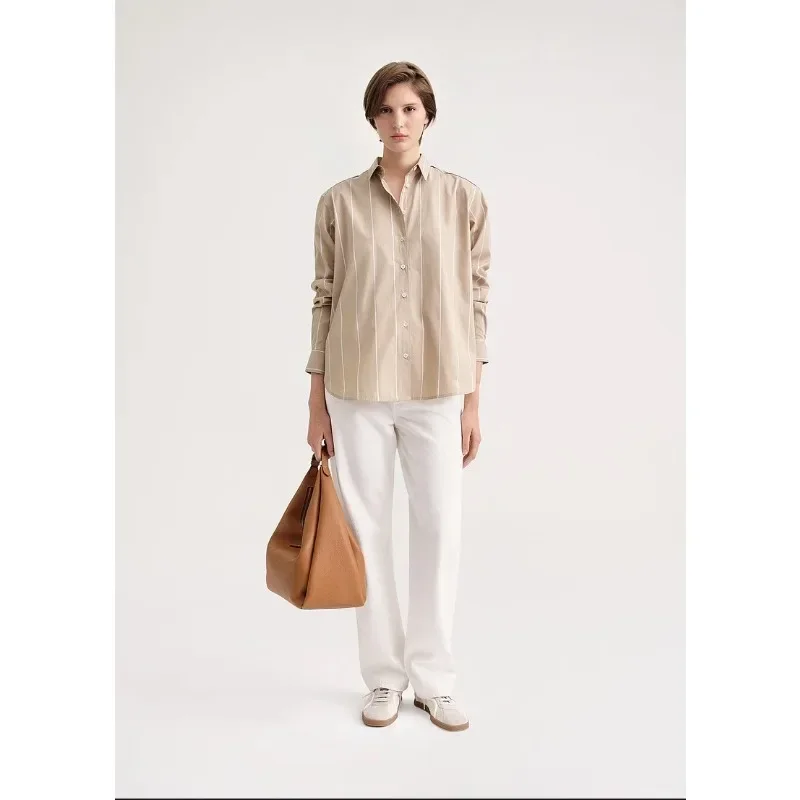 

TT Spring/Summer Women Blouse Cotton Full Sleeve Turn-down Collar Striped Printting Oversize Casual Vintage High Street