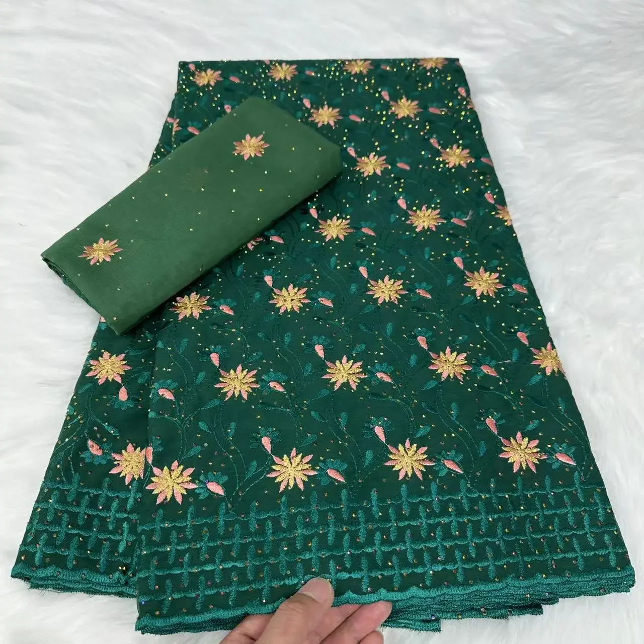 

New Arrival Green Cotton French Nigerian Lace Fabric 2024 High Quality Stones African Swiss Voile Lace Fabric For Dress PYC2404