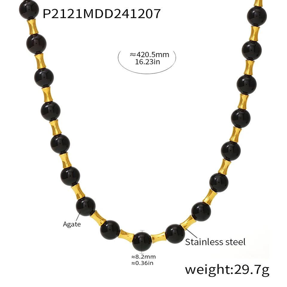 Vintage Damen-Halskette mit Natursteinperlen aus Edelstahl, 18 Karat vergoldet, OT-Schnalle, Kragenkette, kurze Halsketten für Frauen – Detail 1