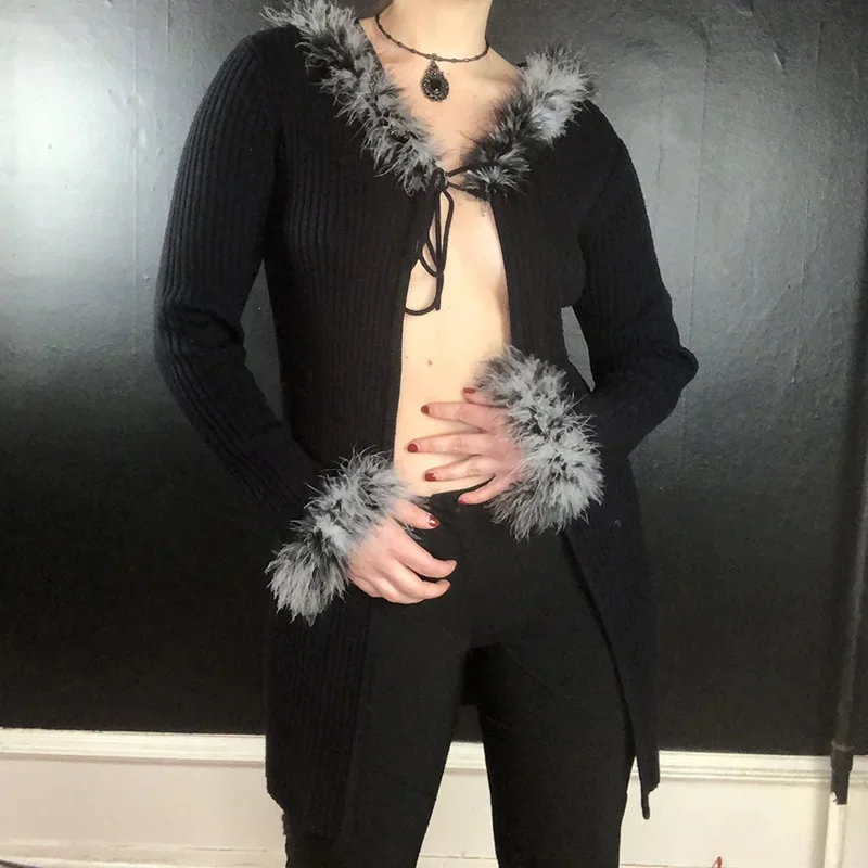 

Black Pit Strip Sexy Cardigan Lace-up Knitted Temperament Casual Jacket Jacket Autumn/winter Fashion Hooded Fur Collar Jacket