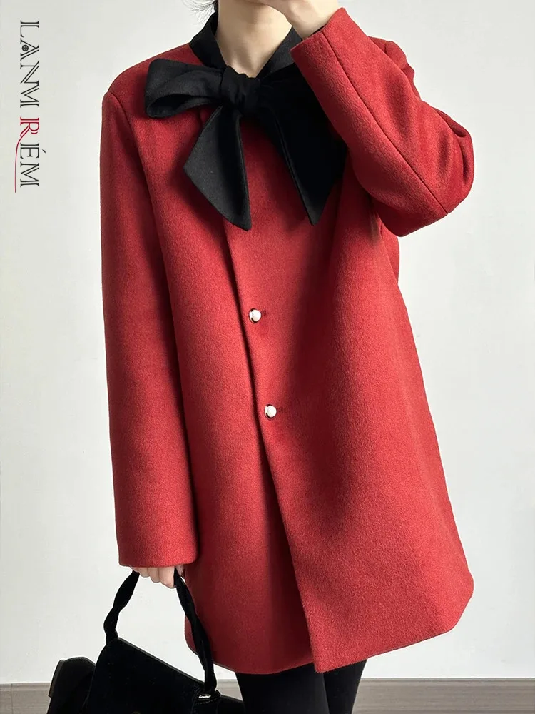 

LANMREM New Year's Wollen Coats Women Irregular Single Breasted Bow Coat Female Warm Fashion New Clothing Korean Style 2DA3530