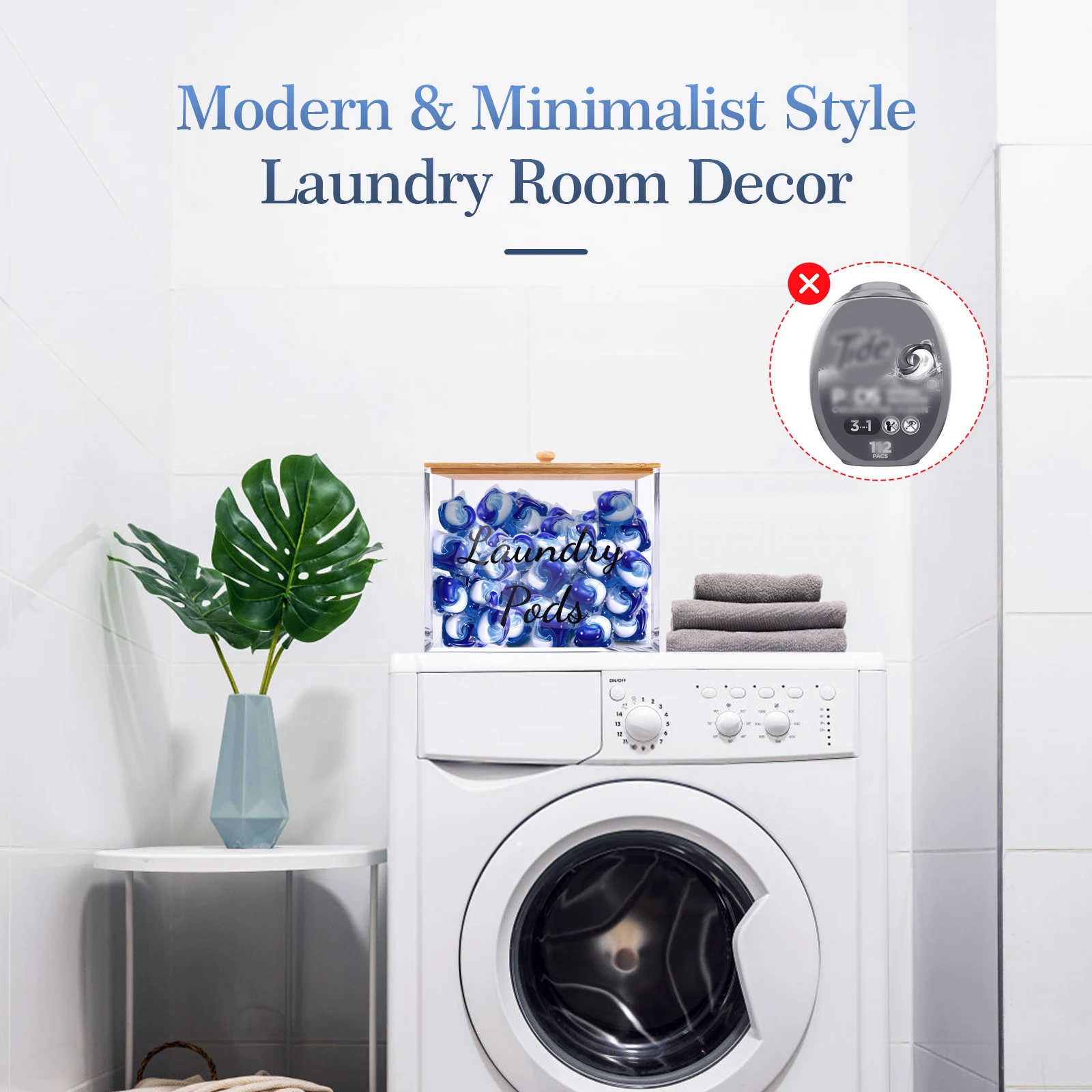 New Laundry Pods Holder Container for Laundry Room Organization Acrylic Box with Bamboo Lid for Laundry Powder, Dryer Balls 5