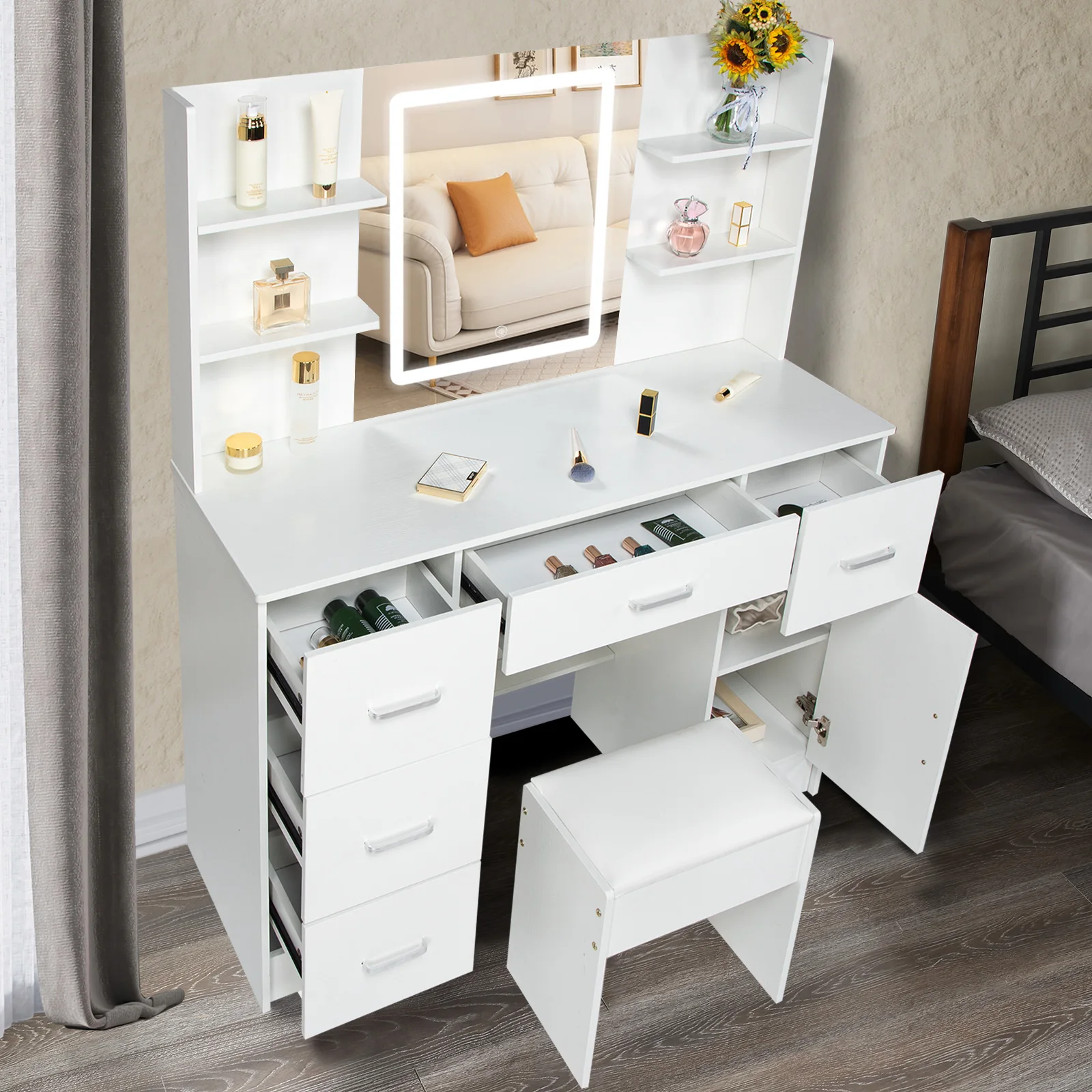 Makeup Vanity Table with Drawers, Vanity Desk Set with Shelves, Dresser Desk and Cushioned Stool Set White