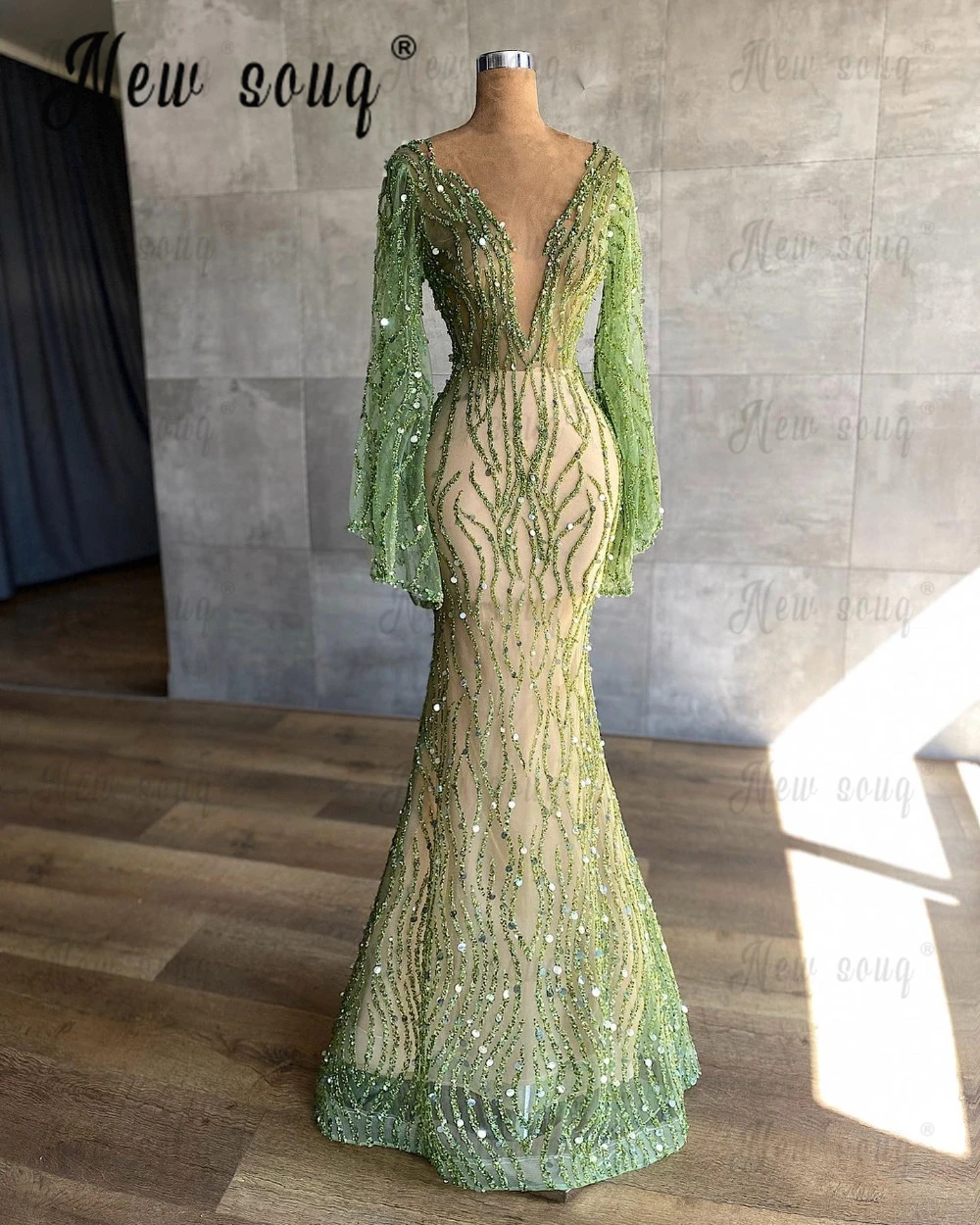 

Princess Green Mermaid Evening Dresses Deep V Neck Prom Gowns Custom Made Beaded Plus Size Party Dresses Robes De Soirée