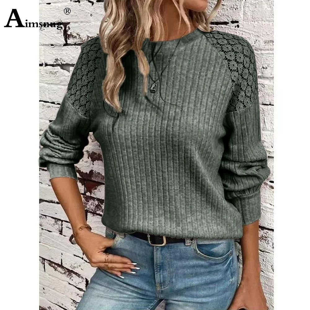 

Aimsnug Female Long Sleeve Casual Retro T-shirt Women's Knitting Pullovers 2023 Autumn Winter New Patchwork Lace Tops Streetwear