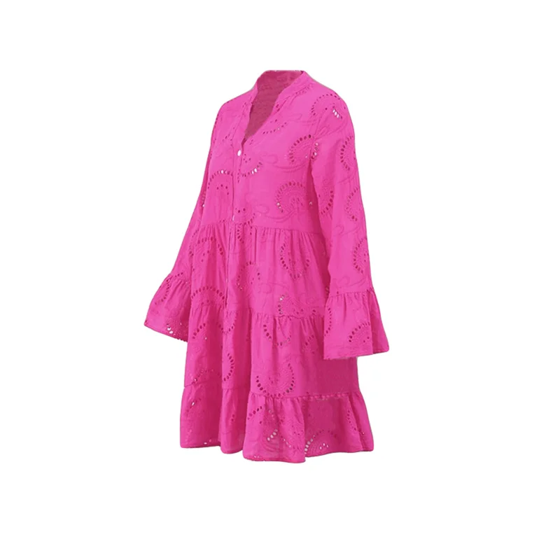 Beach Dress Women Embroidery Lace Eyelet Hollow Out 3/4 Sleeve Single Breasted Mini Dress y2k Vacation Dresses
