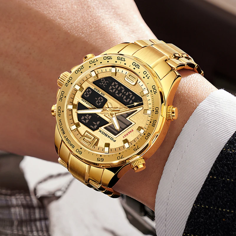 LIGE Watches For Men FOXBOX Fashion Business Waterproof Watches Luminous Dual Display Chronograph Alarm Steel Strap Male Watches