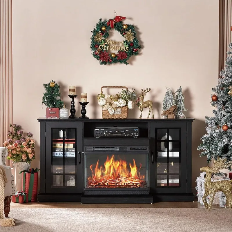 Glass Fireplace TV Stand for TVs up to 65'' with 12 Color,Media Entertainment Center Console Table with Doors Closed Storage 4