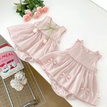 2025 Abito estivo per bambini con gonna tuta senza maniche a fiori con fiocco in stile occidentale Abito cingolato per abito da principessa per neonate