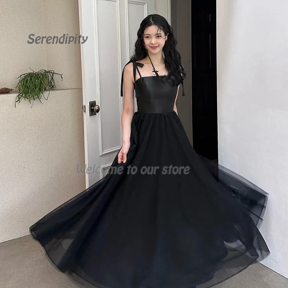 

Serendipity Satin A-Line Simple Elegant Spaghtti Strap Ankle-Length Black Korea Graduation Ceremony Prom Gown For Women 2023