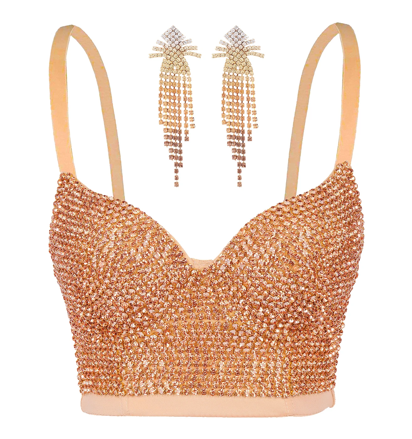 Women's Handmade Diamond Push-up Bustier Crop Top Sexy Corset Bra with Shining Tassels Rhinestone Earring Drop Shipping