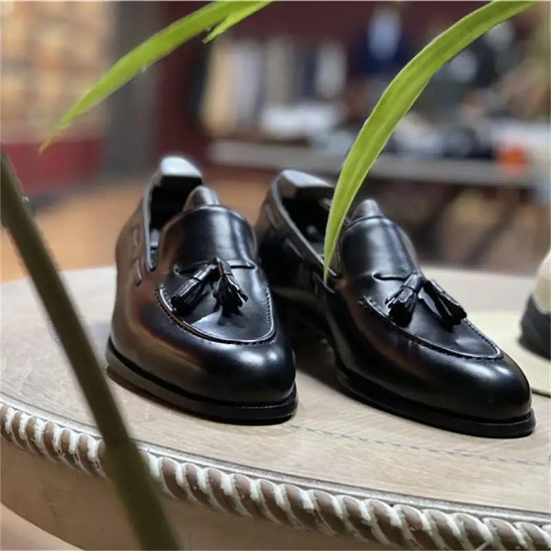 

Black Tassle Genuine Leather Casual Shoes Men Handmade Comfortable Flat Shoes Daily Commuting Office Street Mens Spring Loafers