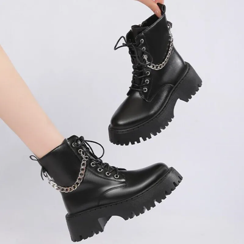 Metal Chain Chunky Platform Ankle Boots for Women 2023 Autumn Lace Up Thick Heeled Short Botas Woman Plus Size Motorcycle Shoes