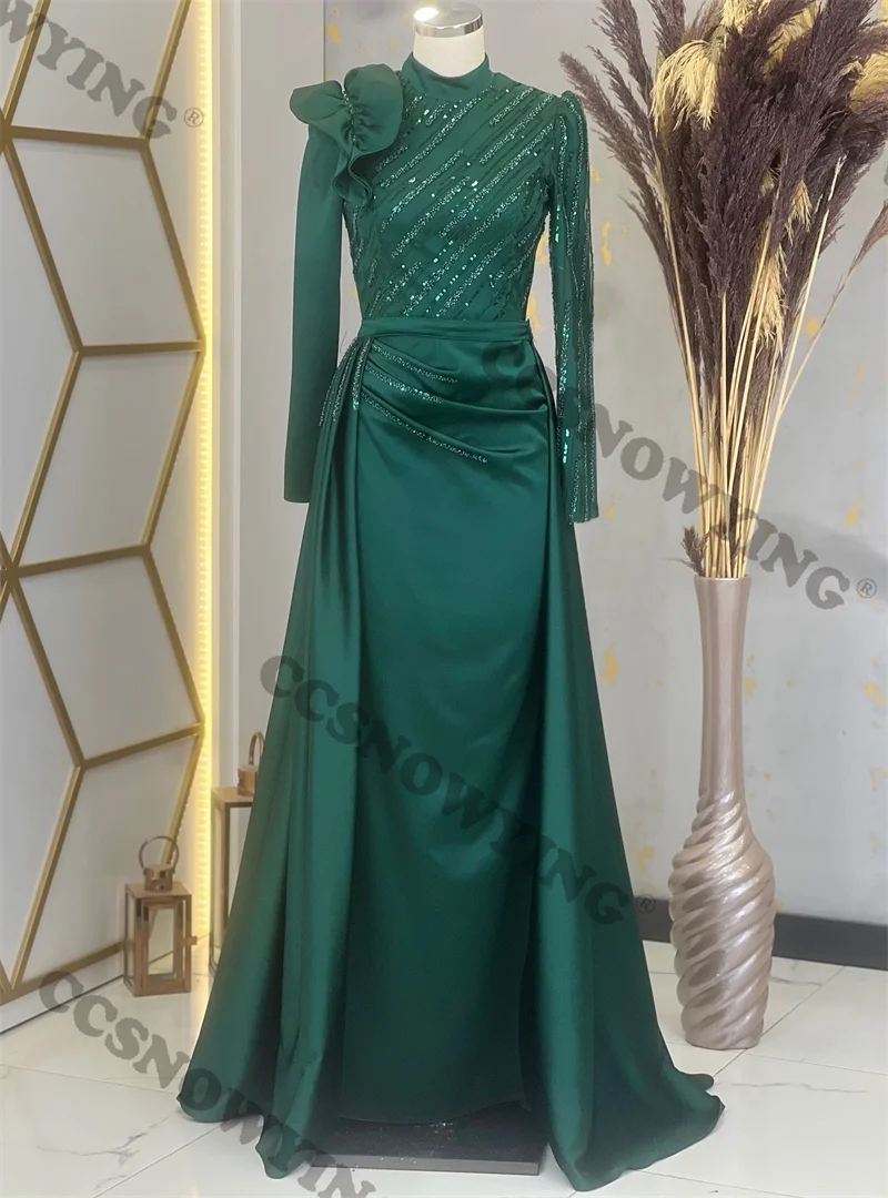 

Full Sleeve with Detachable Train Muslim Evening Dress Islamic Satin Beaded Formal Party Gown Arabic Dubai Robe De Soiree