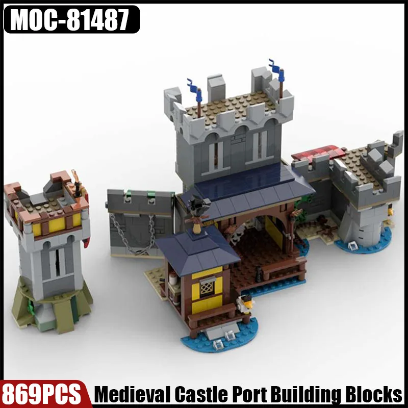 

MOC Medieval Military Castle Port Building Blocks Kit Watchtower Flag City Gate Bricks Toys Boys Gift